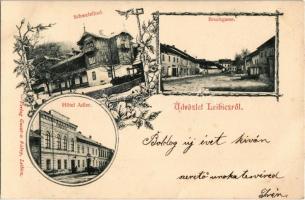 1904 Leibic, Leibitz, Lubica; Híd utca, Kénfürdő, Sas szálloda. Fábry Gusztáv kiadása / Bruckgasse, Schwefelbad, Hotel Adler / street, hotel, sulfur spa. Floral