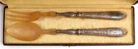 Ezüst(Ag) nyelű tálalókanál és villa, 2 db, jelzett, h: 28,5 és 29 cm