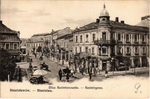Ivano-Frankivsk, Stanislawów, Stanislau; Ulica Kazimierzowska, Pieczywo Karlsbadzkie / Kasimirgasse / street view with market vendors, bakery, shops