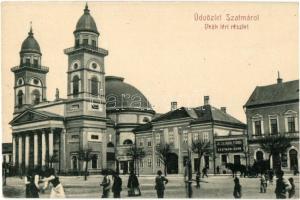 1908 Szatmárnémeti, Szatmár, Satu Mare; Deák tér, Székesegyház, Szatmári bank. Kiadja Cseplák Bálint / square, cathedral, bank