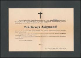 1967 Széchényi Zsigmond (1898-1967) író, utazó vadász halálozási értesítője.