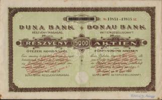 Budapest 1920. Duna Bank Részvénytársaság részvénye 5000K-ról, szelvényekkel és szárazpecséttel T:III