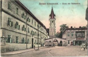 1911 Szászváros, Broos, Orastie; utcakép, Evangélikus templom, Gyógyszertár. Kiadja Stelescu 885. / street view, Lutheran church, pharmacy (fl)