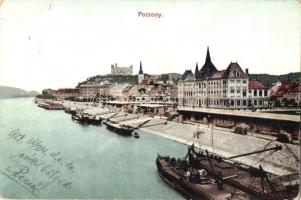 1924 Pozsony, Pressburg, Bratislava; rakpart uszályokkal, vár / quay, barges, castle (Rb)
