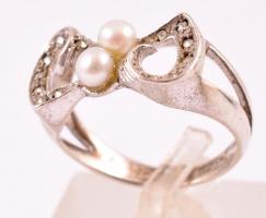 Ezüst(Ag) gyűrű markazittal és gyöngyökkel díszítve, jelzett, méret: 55, bruttó: 4,2 g