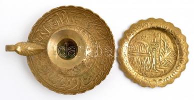 Réz gyertyatartó és tálka, 2 db, d: 8 és 9,5 cm