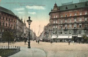 1913 Budapest VII. Baross tér és Rákóczi út, lovas csendúr, Központi szálloda, étterem és kávéház, villamos, Horváth étterem
