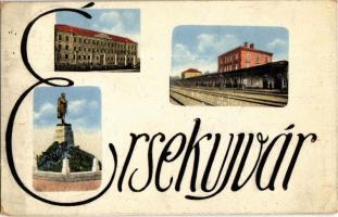 1913 Érsekújvár, Nové Zamky; vasútállomás, Kossuth szobor, reálgimnázium / railway station, statue, grammar school. Art Nouveau