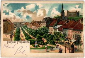 1901 Pozsony, Pressburg, Bratislava; Fő utca, villamos, háttérben a vár / main street, tram, castle in the background. Künstler-Ansichtspostkarte F. Richter litho
