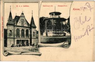 1901 Kassa, Kosice; MÁV indóház, vasútállomás, Széchenyi rét, zenepavilon. László Béla kiadása / railway station, park with music pavilion. Art Nouveau