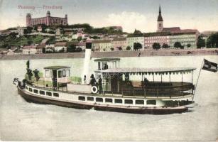 Pozsony, Pressburg, Bratislava; vár, előtérben az Országház csavaros gőzhajó / castle, passenger steamship (EK)