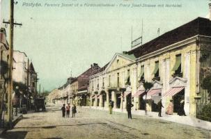 1916 Pöstyén, Pistyan, Piestany; Franz Josef Strasse mit Kurhotel / Ferenc József út a Fürdőszállodával / street view, spa hotel