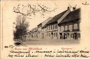 1900 Szászsebes, Mühlbach, Sebes; Rózsa utca, Rudolf Breckner és Karl Fabritius üzlete. Jos. Hientz kiadása / Rosengasse / street, shops