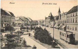 Kassa, Kosice; Fő utca felső része, villamos, üzletek / main street, tram, shops