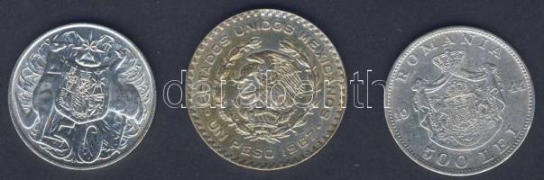 Ausztrália 1966. 50c Ag T:2 kis ph. + Mexikó 1967. 1P Ag T:3 + Románia 1944. 500L Ag T:2/3