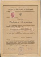 1948 Eger, A Kereskedelem- és Szövetkezetügyi Minisztérium Tanfolyama által kiállított bizonyítvány okmánybélyeggel