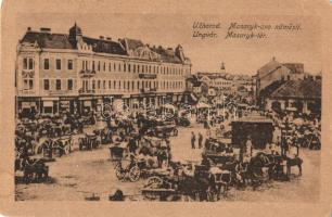 Ungvár, Uzshorod, Uzhorod; Masarykovo námestí / Masaryk tér, piaci árusok, üzletek. Kiadja Székely és Illés / square, market vendors, shops + 1938 Ungvár visszatért So. Stpl. (kopott sarkak / worn corners)