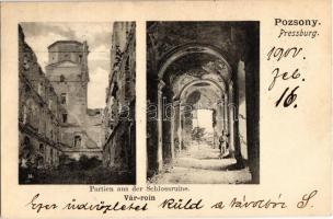 1900 Pozsony, Bratislava, Pressburg; várrom részletek, udvar, árkád / Partien aus der Schlossruine / castle ruins, arcades