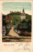1905 Szászkézd, Kaisd, Keisd, Saschiz; Evangélikus templom, vár / church, castle. Chromophototypie von Jos. Drotleff (EK)