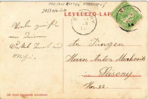 1909 Pomogy, Pamhagen; Jegyzőlak, Fink-féle vendéglő, Római katolikus templom, Harangláb, Szövetkeze...