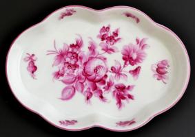 Herendi virágmintás porcelán szalvétatartó és tálka, 2 db, kézzel festett, jelzett, hibátlan, 5,5×8×3 cm és 13,5×9 cm