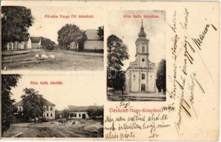 1914 Nagykónyi, Római katolikus templom és iskolák, Fő utca, Varga Pál üzlete és saját kiadása