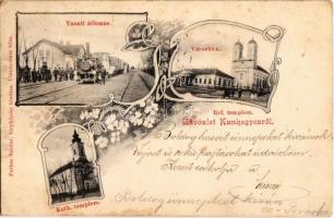 1905 Kunhegyes, vasútállomás gőzmozdonnyal, városház, Katolikus és református templom. kiadja Farkas Sándor, Art Nouveau, floral (fl)