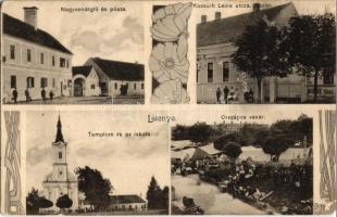 1908 Letenye, Nagyvendéglő és posta, templom és iskola, országos vásár piaci árusokkal, Kossuth Lajos utca részlete. Art Nouveau, Vajda Manó kiadása (EK)