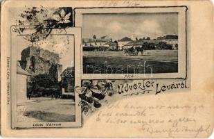 1900 Léva, Levice; várrom, Fő tér, Amstetter Imre üzlete. Dukesz L. kiadása / castle ruins, main square, shops. floral (EM)