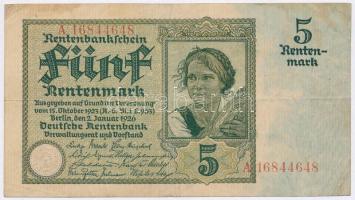 Németország / Weimari Köztársaság 1926. 5M 8 jegyű sorszámmal T:III Germany / Weimar Republic 1926.5 Mark 8 digit serial C:F Krause 169