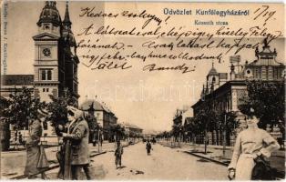 1904 Kiskunfélegyháza, Kunfélegyháza; Kossuth utca, templom, volt kommendáns hivatal, Braun J. kiadása, montázslap / montage postcard