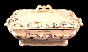 Óherendi fedeles edény + tál, kézzel festett, jelzett, kopásokkal, lepattanással, 28,5×18,5×14 ill. ...