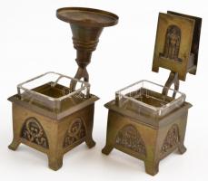 Historizáló asztali gyertya és gyufatartó, 2 db, sérült üvegbetéttel, m: 14 cm