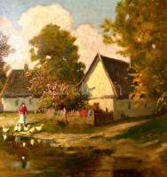 Jelzés nélkül:Libapásztorlány. Olaj, karton, enyhén sérült antik keretben, 60×100 cm