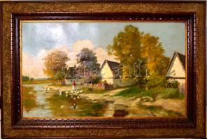 Jelzés nélkül:Libapásztorlány. Olaj, karton, enyhén sérült antik keretben, 60×100 cm