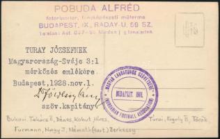 1928 A Magyarország - Svájc labdarúgó mérkőzésen készült fotó a magyar csapatról, hátoldalán Földess...