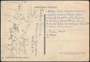 1949 A magyar vizilabda válogatott tagjai által aláírt képeslap az olaszországi vizilabda versenyről Holba, Kislégi, Szittya, Vértesy, Antal, Lemhényi és mások.