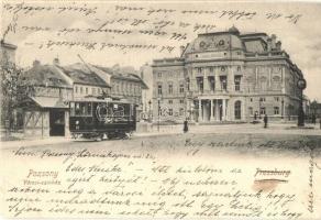 1903 Pozsony, Pressburg, Bratislava; Városi színház, villamos Stollwerck csokoládé reklámmal. Bediene dich allein / theater, tram with Stollwerck chocolate advertisement (EK)