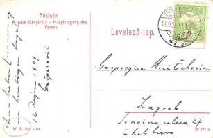 1909 Pöstyén, Pistyan, Piestany; A park főbejárója, Erzsébet királyné szobor. W. L. Bp. 5750. / Haup...