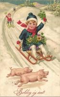 Boldog új évet! / New Year greeting art postcard with sledding children, winter sport, pigs. Amag No. 2728. litho (lyuk / pinhole)