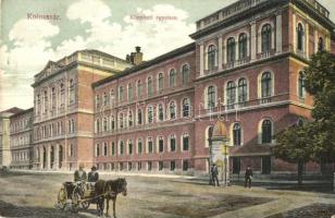1907 Kolozsvár, Cluj; Központi egyetem, szekér, hirdetőoszlop. Kiadja Schuster Emil / university, horse-drawn carriage, advertising column (EK)