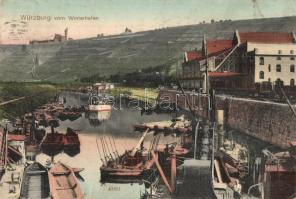 1914 Würzburg, Winterhafen / winter harbor, port, quay, wharf, steamship, barg. Reinicke & Rubin (kis szakadás / small tear)