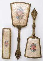 Filigrán réz nyelű kefe és tükör szett. 3 darabos. 32,24,14 cm