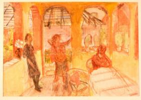 Szabados Jenő (1911-1942): Hárman a verandán, Akvarellpapír, jelzett, üvegezett keretben, 32x46 cm (üveg törött)