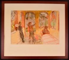 Szabados Jenő (1911-1942): Hárman a verandán, Akvarellpapír, jelzett, üvegezett keretben, 32x46 cm (...