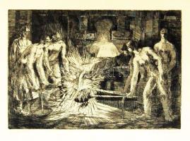 Kürz János: Csapolás szignált rézkarc 28x40cm