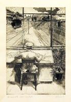 Pásztor Gábor (1933-): Központi vezérlő asztal, szignált rézkarc 28x40cm