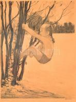 Ék Sándor (1902-1975): Szabadban. Litográfia, papír, jelzett, üvegezett keretben, 50×37 cm