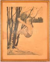 Ék Sándor (1902-1975): Szabadban. Litográfia, papír, jelzett, üvegezett keretben, 50×37 cm