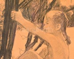 Ék Sándor (1902-1975): Szabadban. Litográfia, papír, jelzett, üvegezett keretben, 50×37 cm